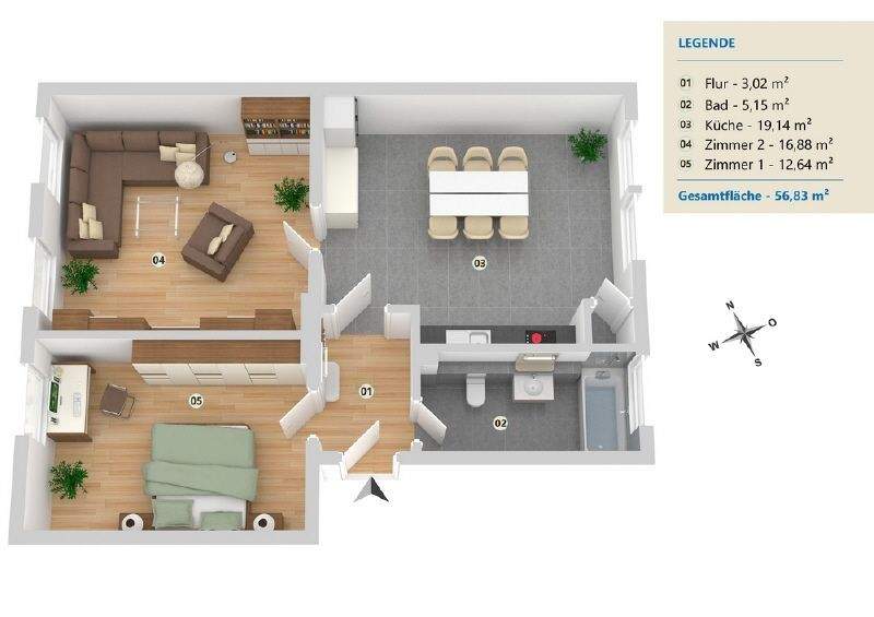 Etagenwohnung Minden Hahlen - 2 Zimmer, 57 m&sup2;, 799&euro; | Angebot:25664585