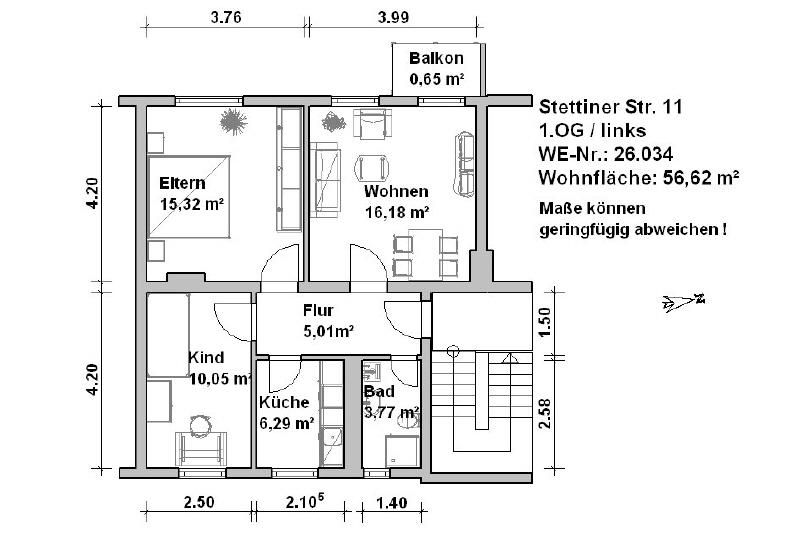 Etagenwohnung Minden Bärenkämpen - 3 Zimmer, 57 m&sup2;, 825&euro; | Angebot:13230537
