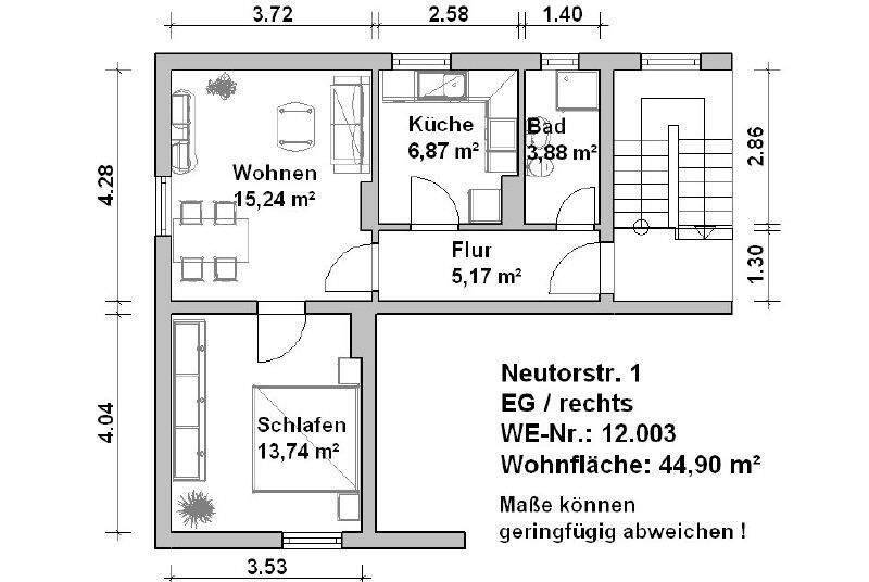 Etagenwohnung Minden Innenstadt - 2 Zimmer, 44 m&sup2;, 525&euro; | Angebot:25671054