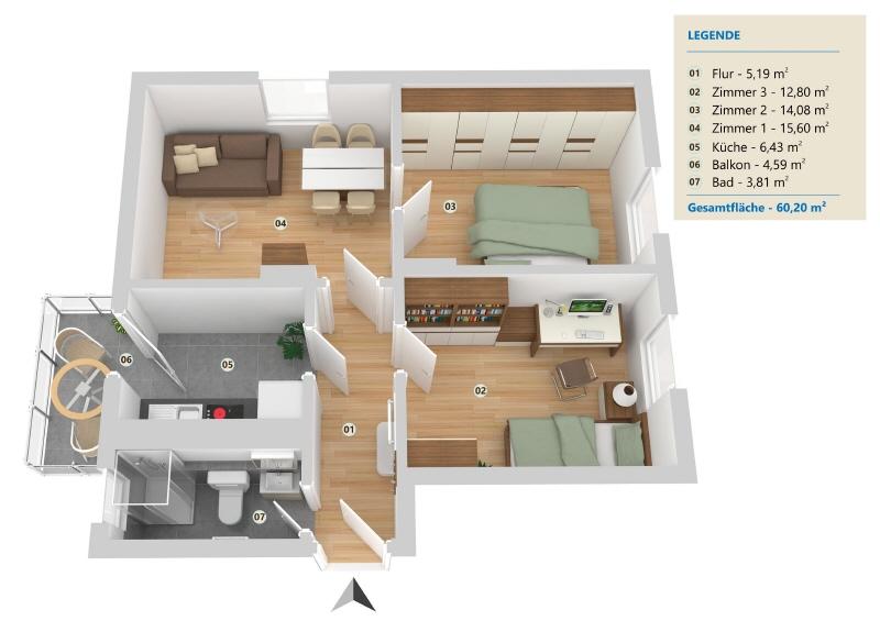 Etagenwohnung Minden Bärenkämpen - 3 Zimmer, 62 m&sup2;, 849&euro; | Angebot:26015234