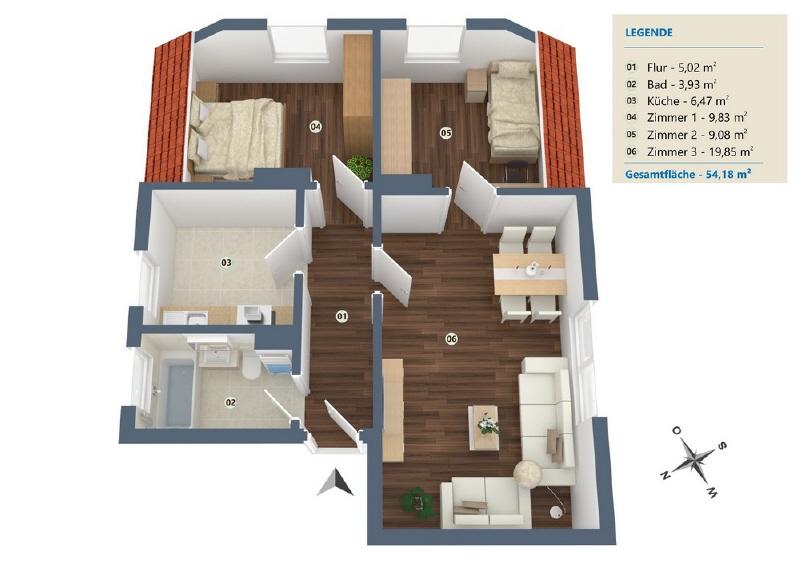 Etagenwohnung Minden Bärenkämpen - 3 Zimmer, 58 m&sup2;, 675&euro; | Angebot:23887324