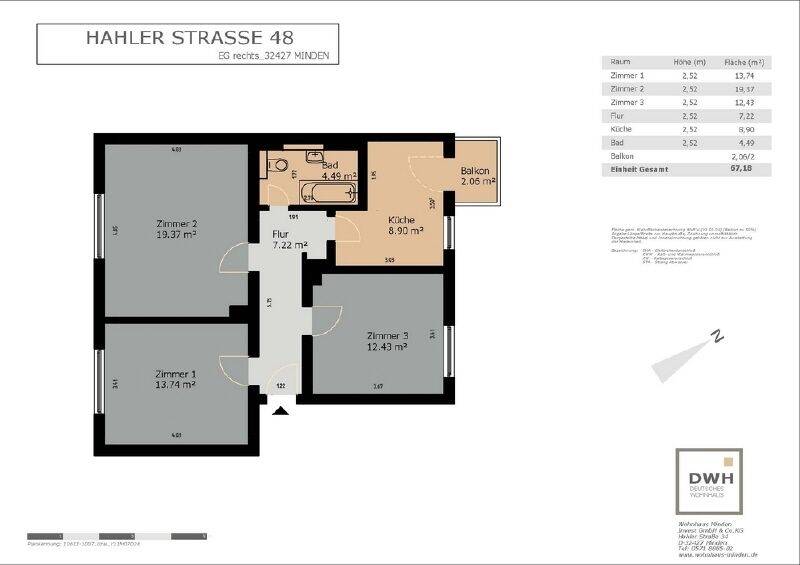 Etagenwohnung Minden Innenstadt - 3 Zimmer, 66 m&sup2;, 649&euro; | Angebot:25726177