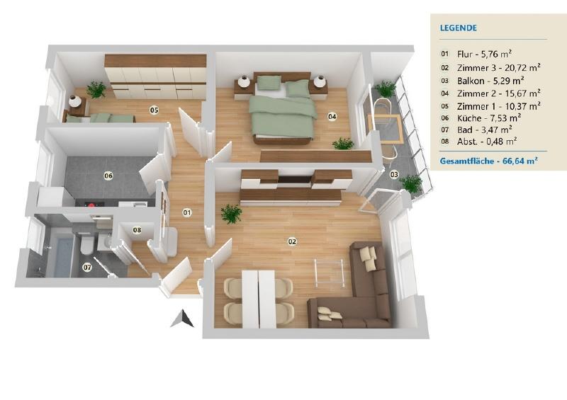 Etagenwohnung Minden Kuhlenkamp - 3 Zimmer, 66 m&sup2;, 625&euro; | Angebot:23754610