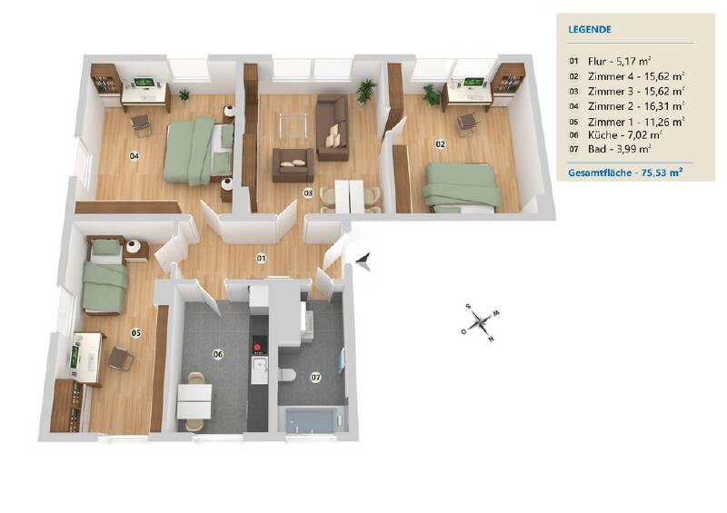 Etagenwohnung Minden Innenstadt - 4 Zimmer, 73 m&sup2;, 649&euro; | Angebot:26014795