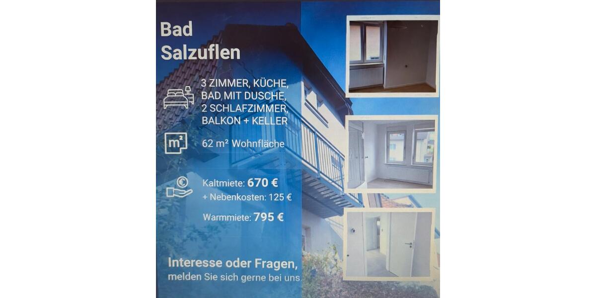 Etagenwohnung Bad Salzuflen - 3 Zimmer, 62 m&sup2;, 670&euro; | Angebot:25988803