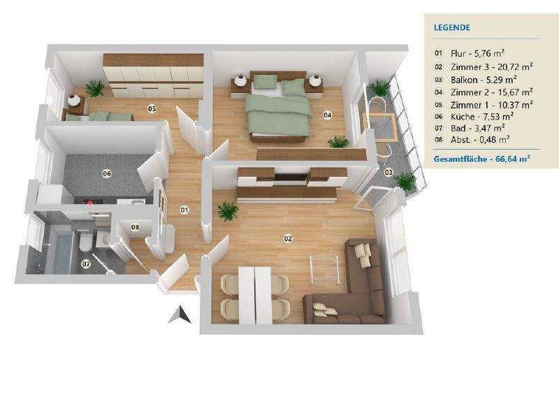 Etagenwohnung Minden Innenstadt - 3 Zimmer, 66 m&sup2;, 725&euro; | Angebot:25677321